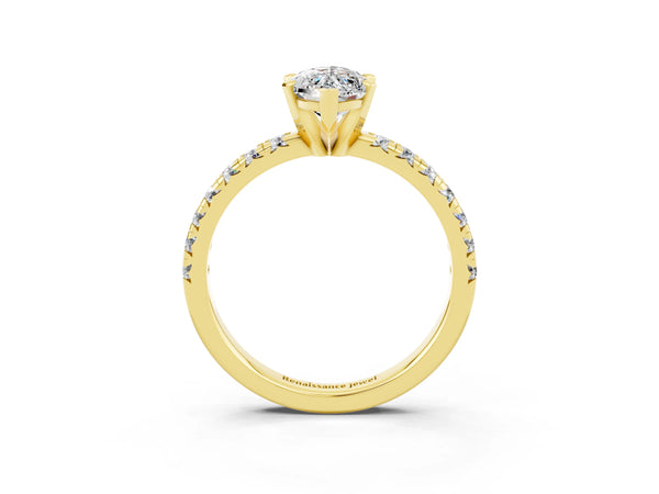 Yellow gold Marquise Cut Moissanite Solitaire Pavé Engagement Ring with Round Band and Prong Setting