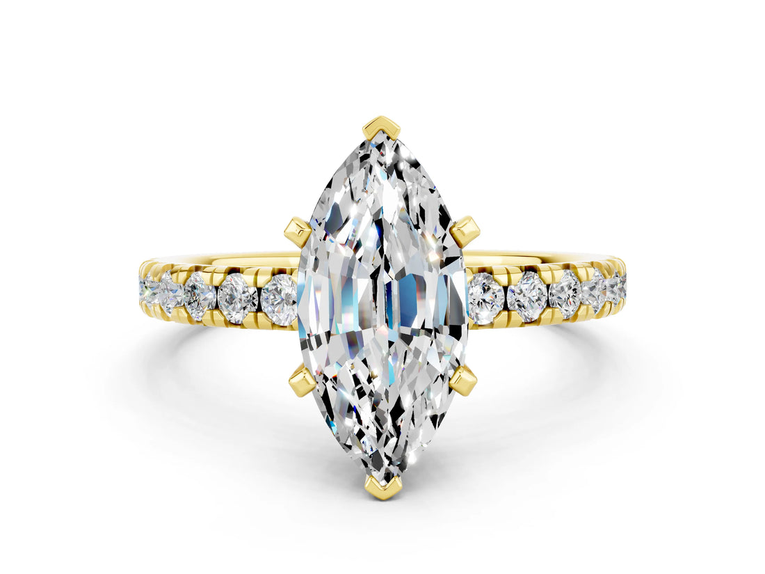 Yellow gold Marquise Cut Moissanite Solitaire Pavé Engagement Ring with Round Band and Prong Setting_72