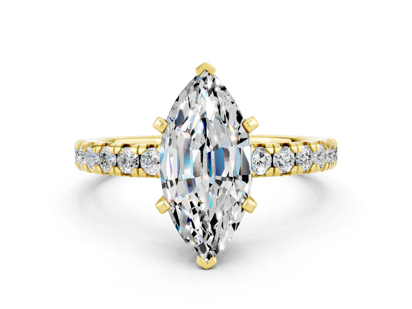 Yellow gold Marquise Cut Moissanite Solitaire Pavé Engagement Ring with Round Band and Prong Setting