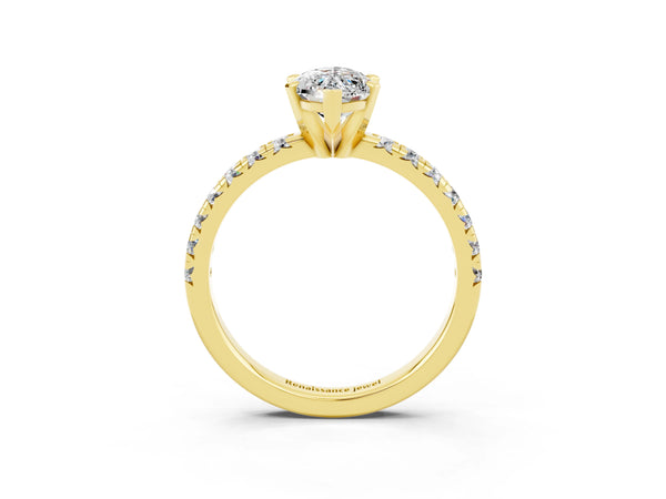 Yellow gold Marquise Cut Moissanite Solitaire Pavé Engagement Ring with Round Band and Prong Setting