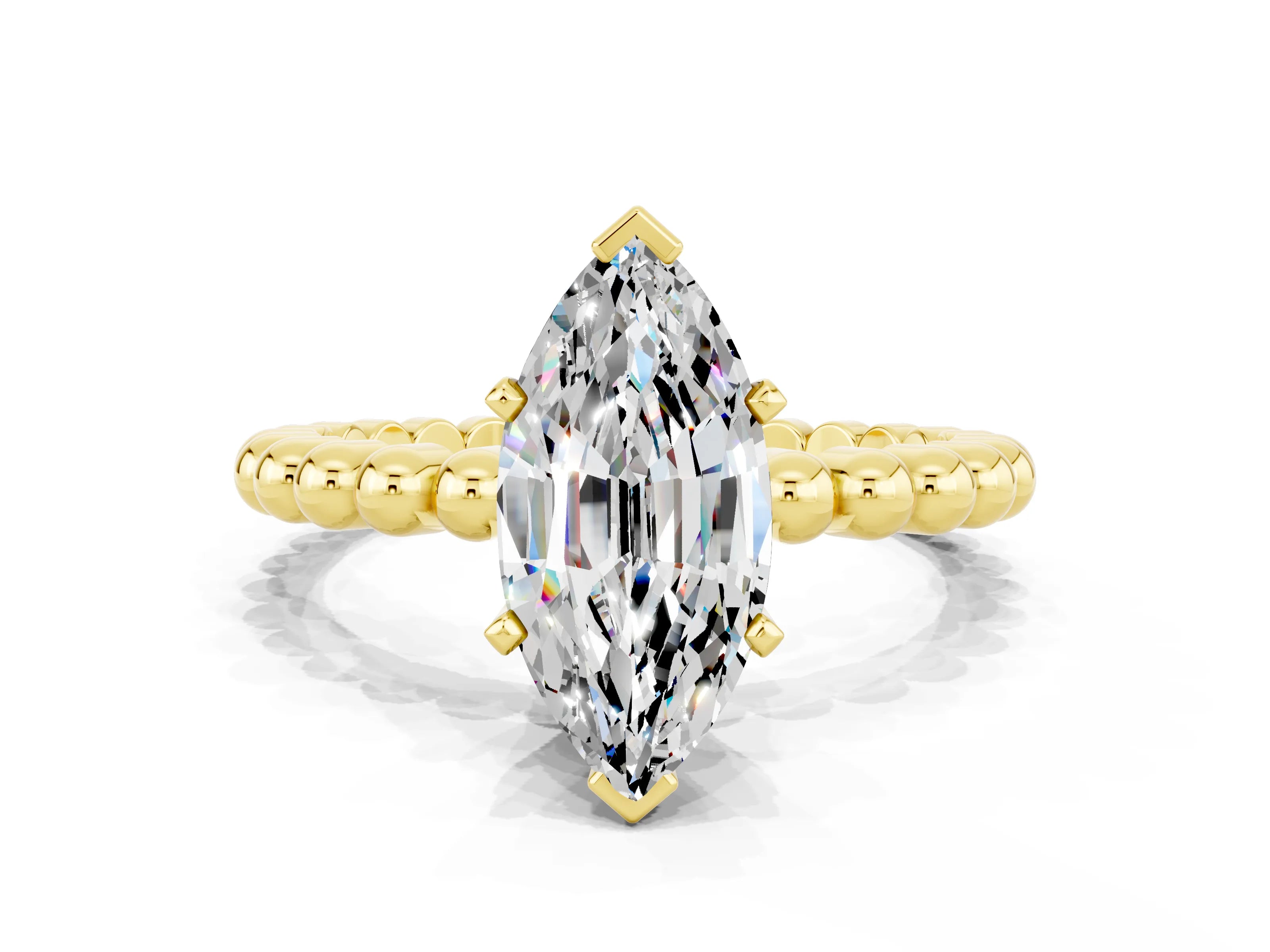 Yellow gold Marquise Cut Moissanite Solitaire Ring with Beaded Band and Prong Setting