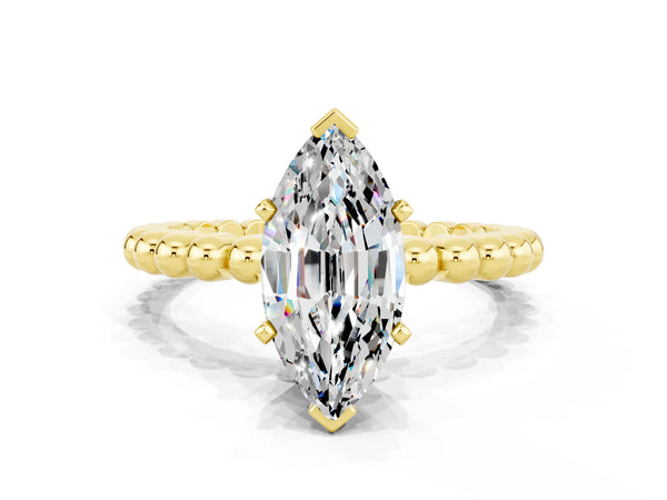 Yellow gold Marquise Cut Moissanite Solitaire Ring with Beaded Band and Prong Setting