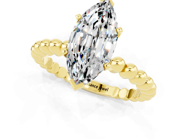 Yellow gold Marquise Cut Moissanite Solitaire Ring with Beaded Band and Prong Setting