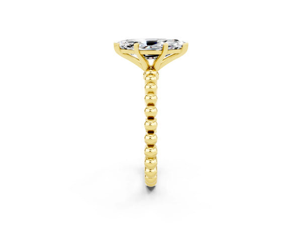 Yellow gold Marquise Cut Moissanite Solitaire Ring with Beaded Band and Prong Setting