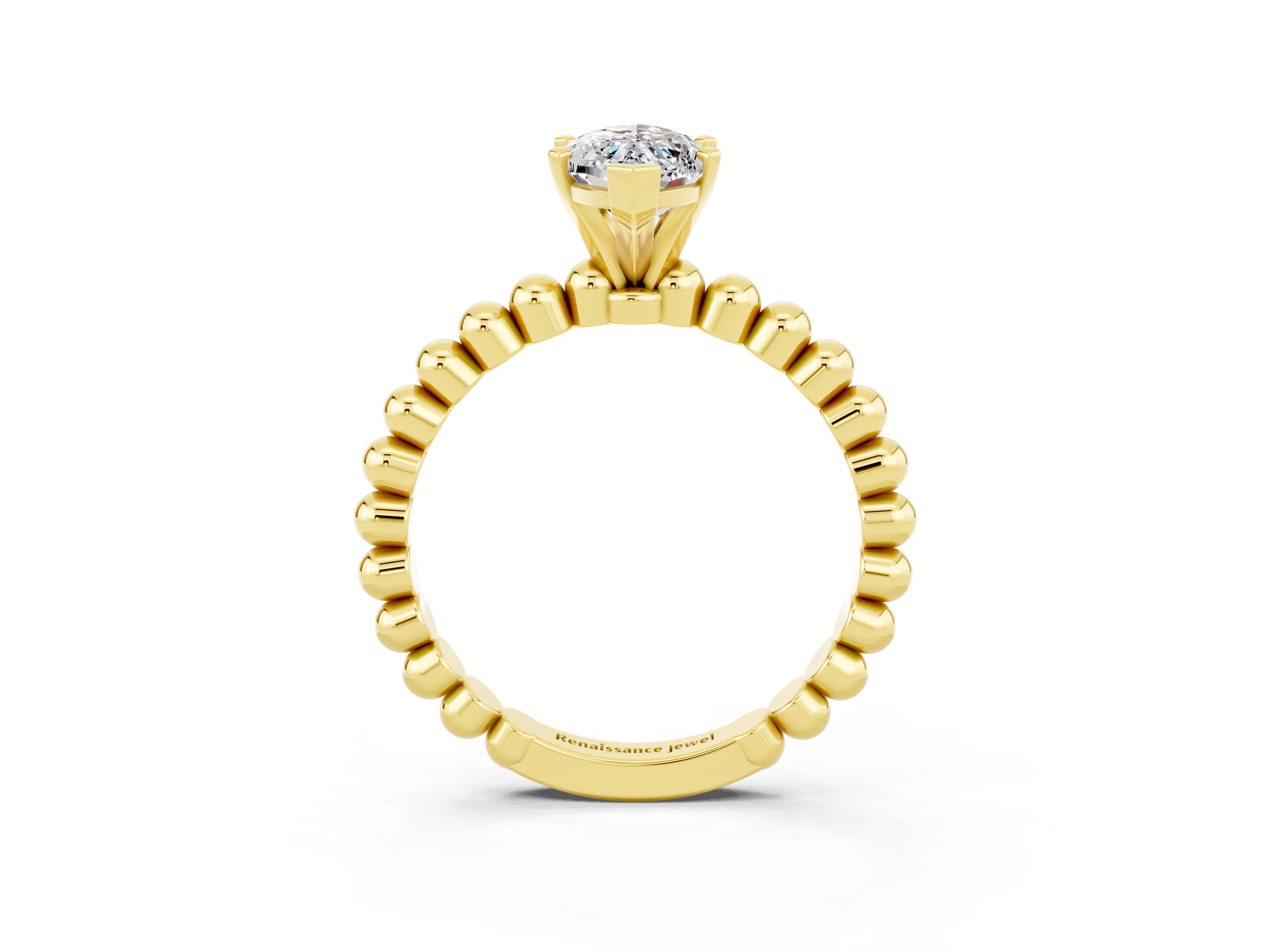 Yellow gold Marquise Cut Moissanite Solitaire Ring with Beaded Band and Prong Setting_3