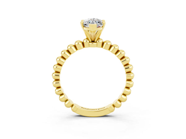 Yellow gold Marquise Cut Moissanite Solitaire Ring with Beaded Band and Prong Setting