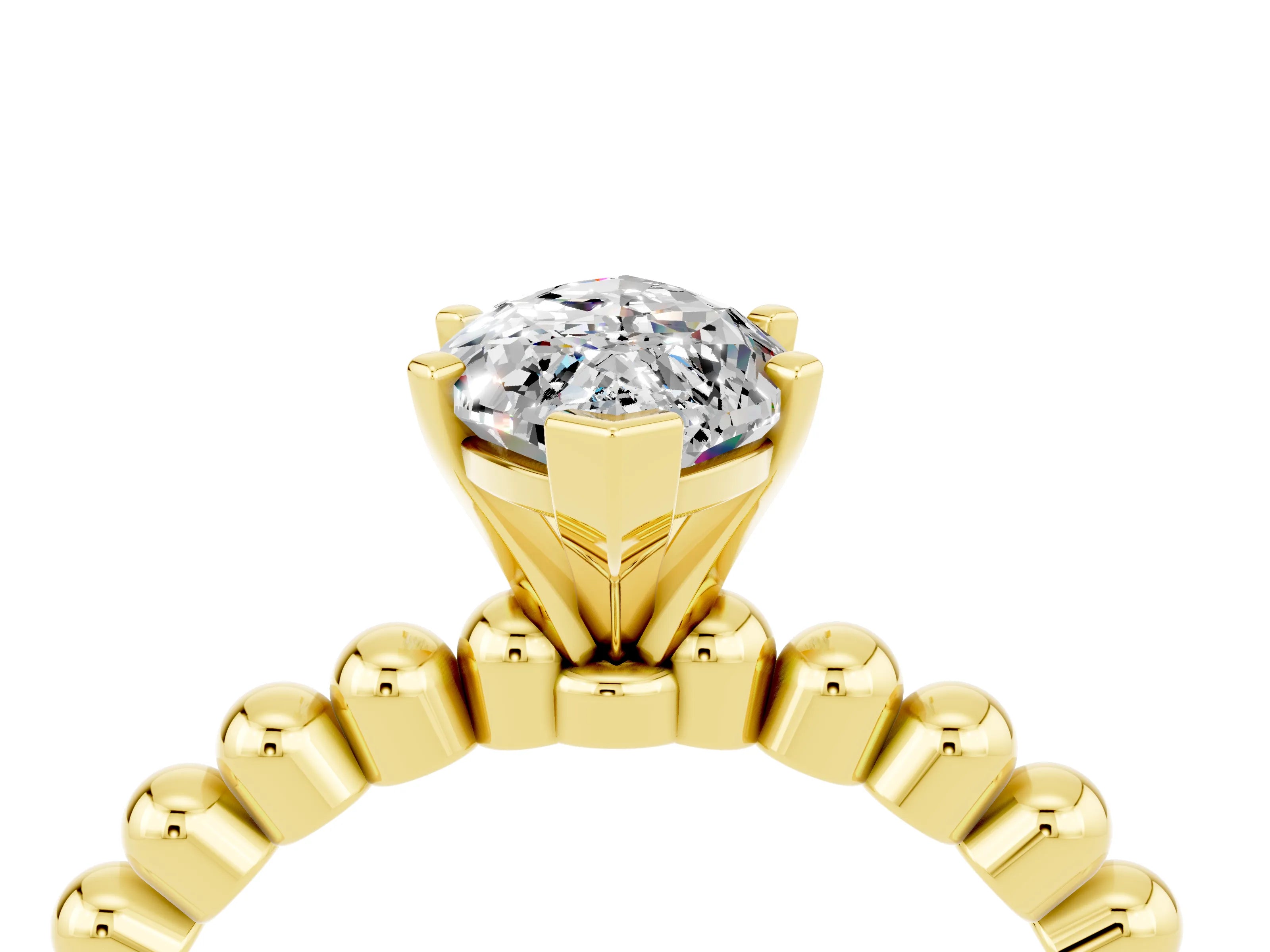 Yellow gold Marquise Cut Moissanite Solitaire Ring with Beaded Band and Prong Setting_4