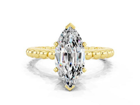 Yellow gold Marquise Cut Moissanite Solitaire Ring with Beaded Band and Prong Setting