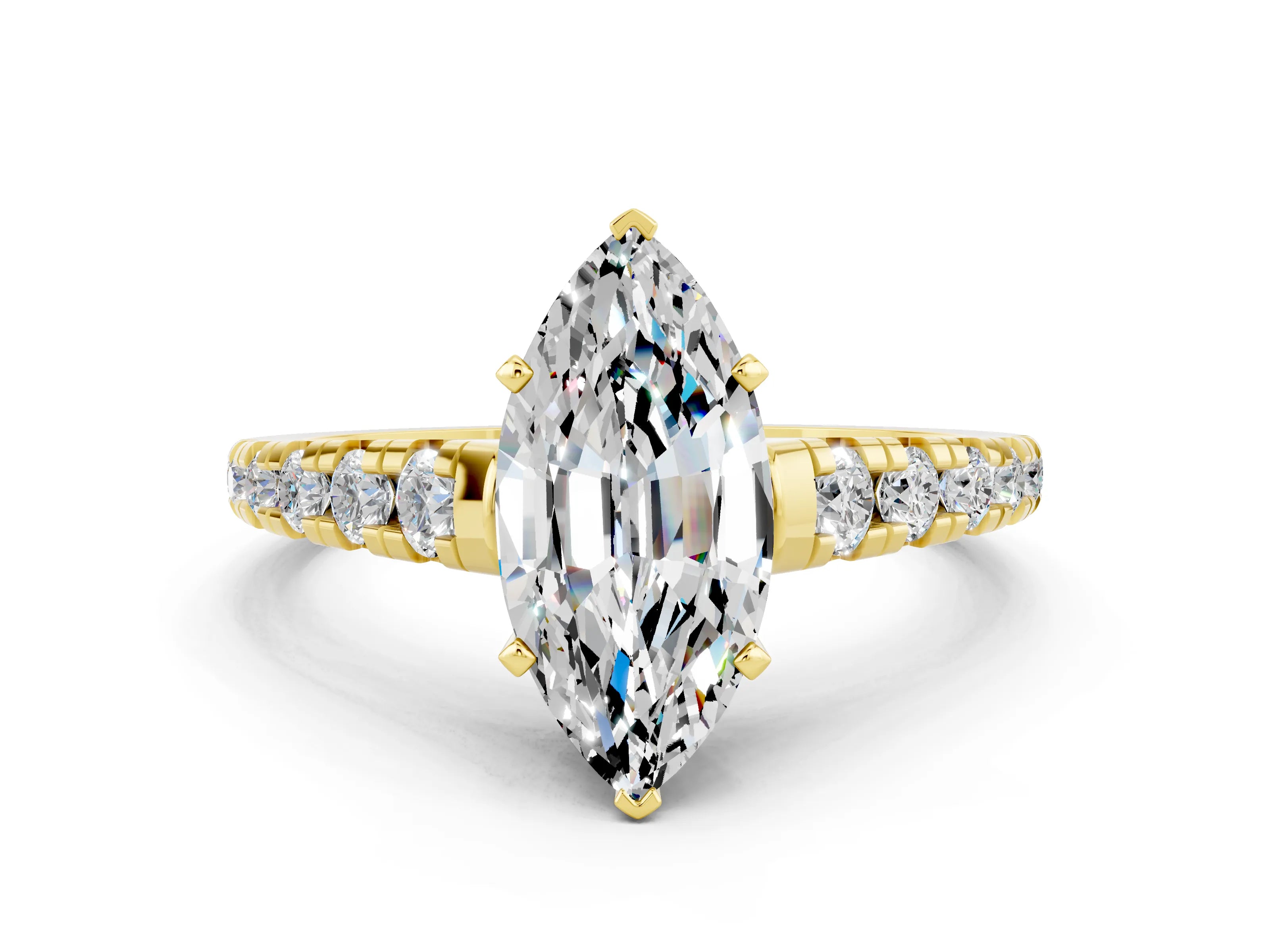 Yellow gold Marquise Cut Moissanite Solitaire Ring with Cathedral Setting and Pavé Band