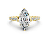 Yellow gold Marquise Cut Moissanite Solitaire Ring with Cathedral Setting and Pavé Band