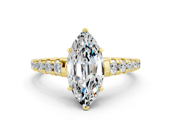 Yellow gold Marquise Cut Moissanite Cathedral Solitaire Ring with Round  Pavé Band