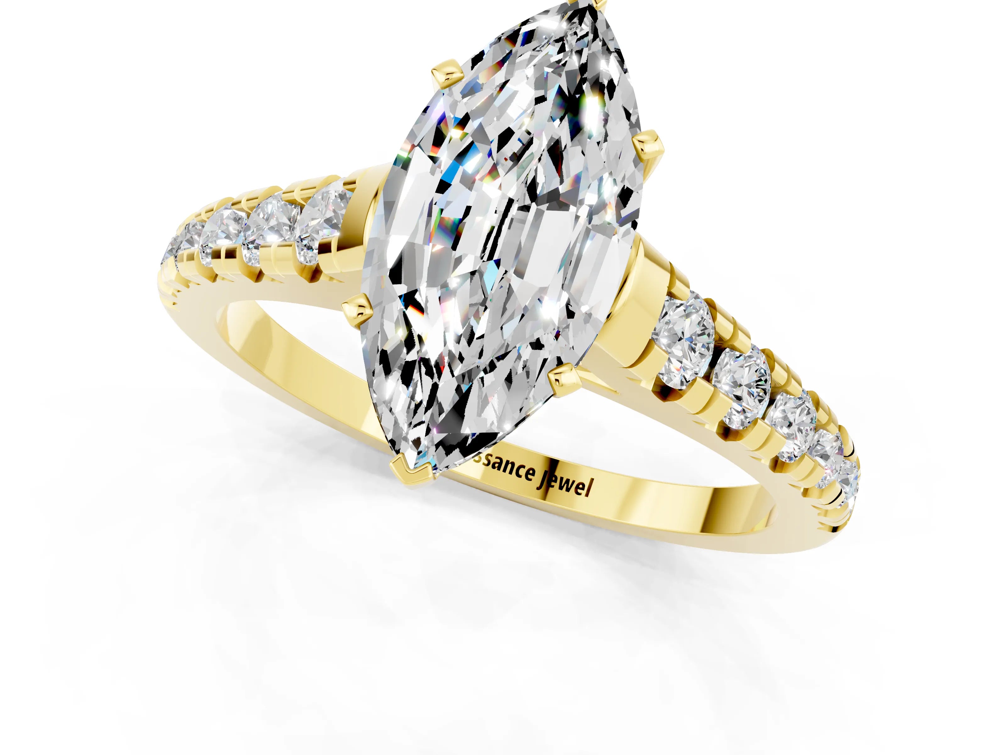 Yellow gold Marquise Cut Moissanite Solitaire Ring with Cathedral Setting and Pavé Band_1