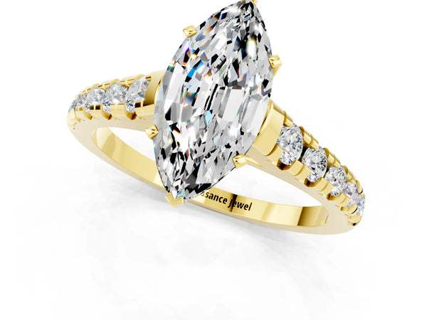 Yellow gold Marquise Cut Moissanite Cathedral Solitaire Ring with Round  Pavé Band