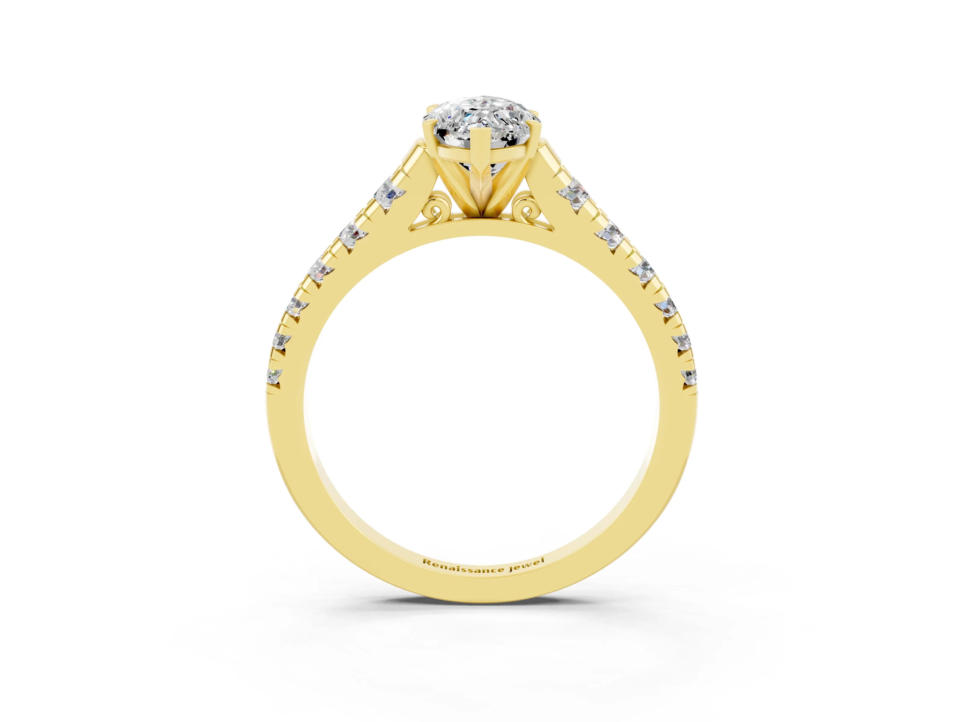 Yellow gold Marquise Cut Moissanite Solitaire Ring with Cathedral Setting and Pavé Band_3