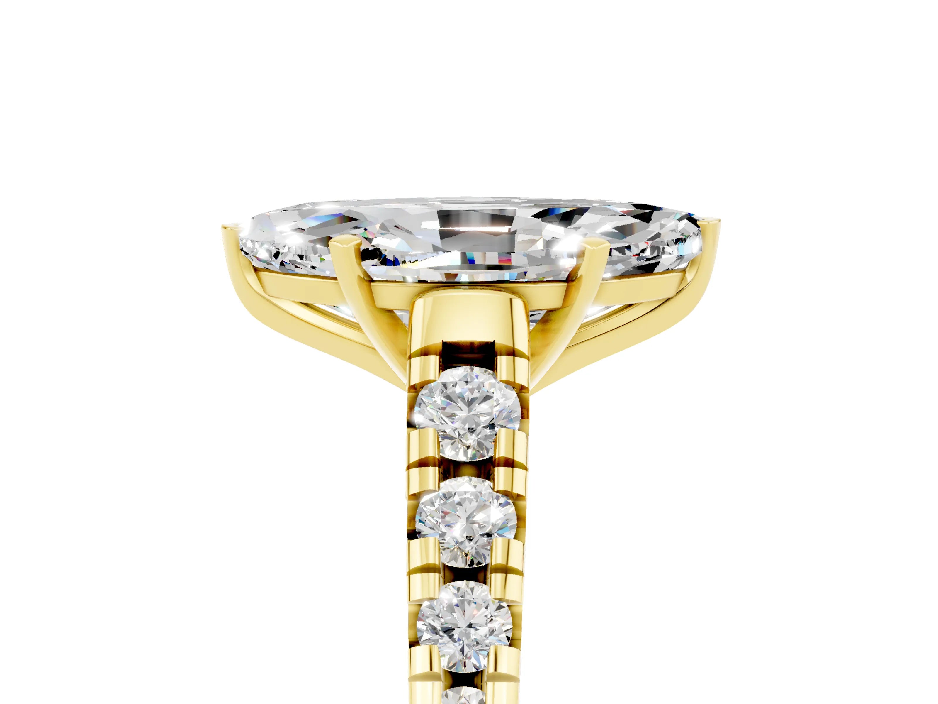Yellow gold Marquise Cut Moissanite Solitaire Ring with Cathedral Setting and Pavé Band_5