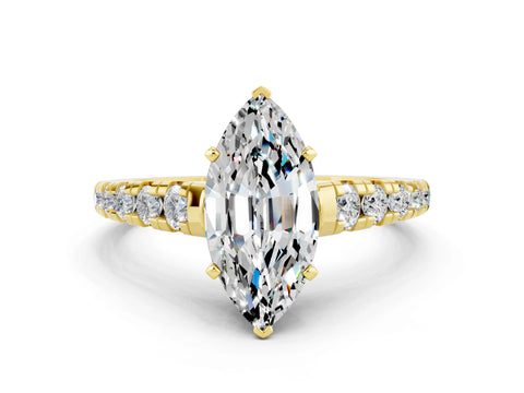 Yellow gold Marquise Cut Moissanite Solitaire Ring with Cathedral Setting and Pavé Band