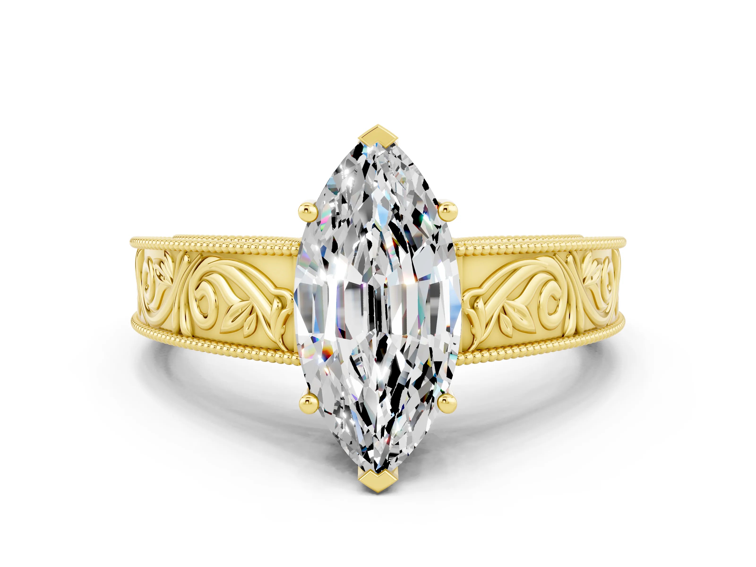 Yellow gold Marquise Cut Moissanite Solitaire Ring with Engraved Band and Four-Prong Setting