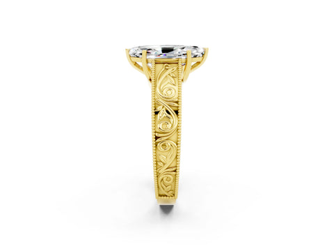 Yellow gold Marquise Cut Moissanite Solitaire Ring with Engraved Band and Four-Prong Setting_2
