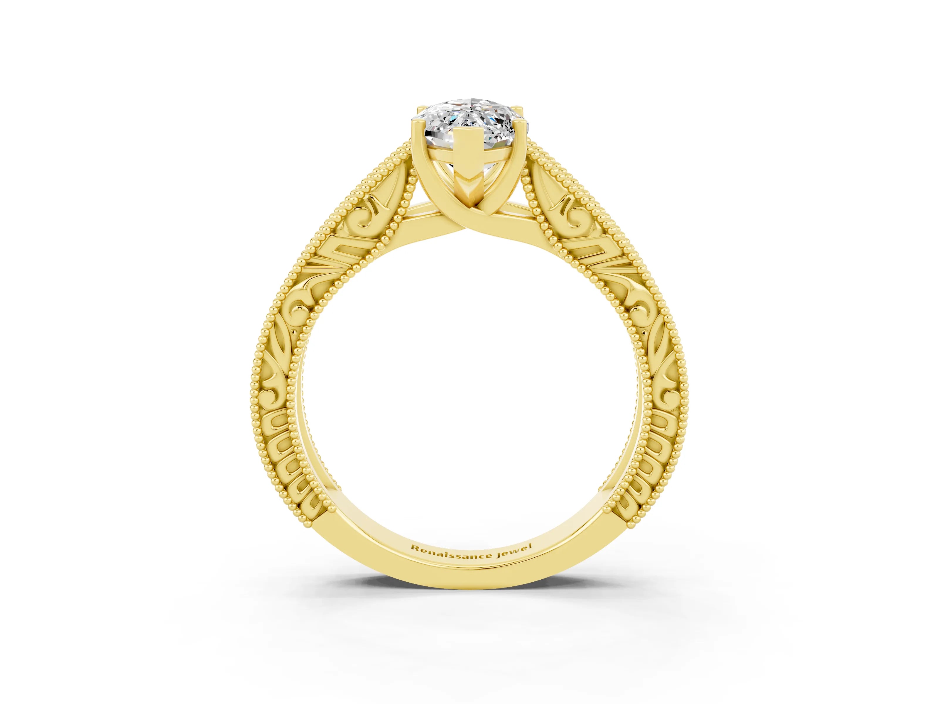 Yellow gold Marquise Cut Moissanite Solitaire Ring with Engraved Band and Four-Prong Setting_3
