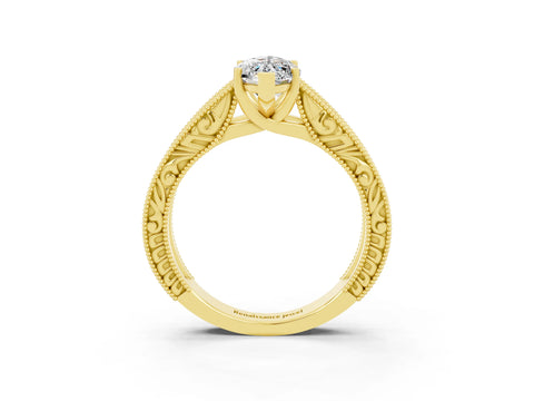 Yellow gold Marquise Cut Moissanite Solitaire Ring with Engraved Band and Four-Prong Setting_3