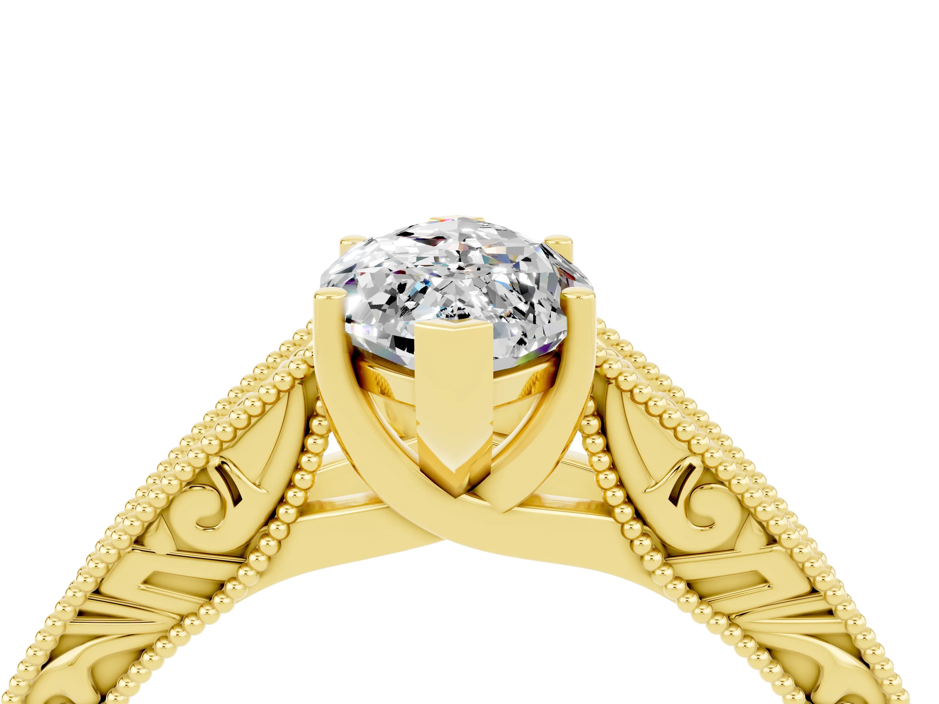 Yellow gold Marquise Cut Moissanite Solitaire Ring with Engraved Band and Four-Prong Setting_4
