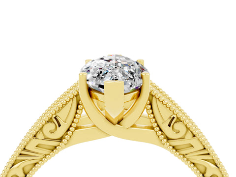 Yellow gold Marquise Cut Moissanite Solitaire Ring with Engraved Band and Four-Prong Setting_4