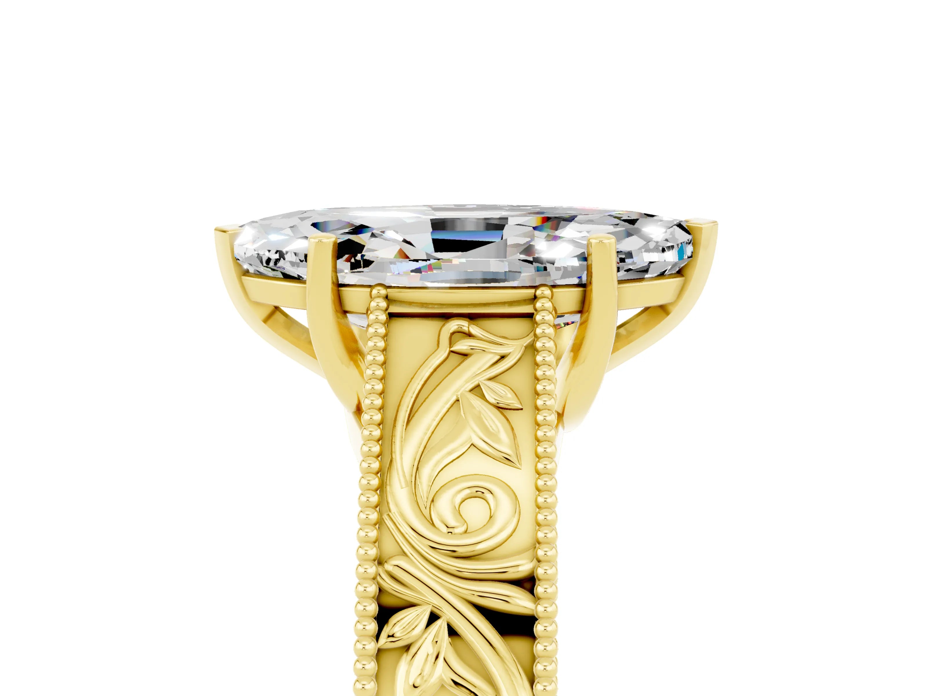 Yellow gold Marquise Cut Moissanite Solitaire Ring with Engraved Band and Four-Prong Setting_5