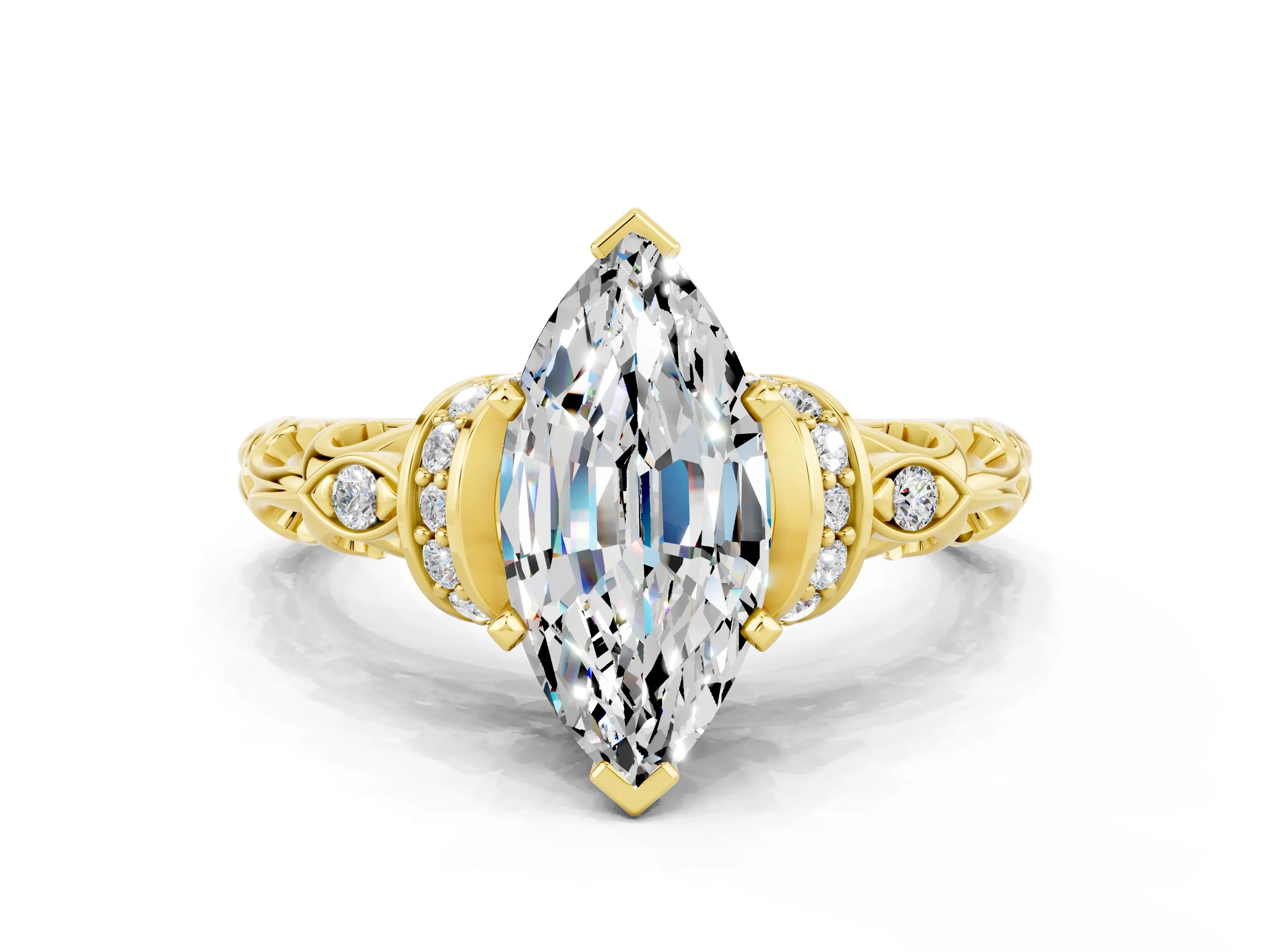 Yellow gold Marquise Cut Moissanite Solitaire Ring with Filigree Band and Four-Prong Setting_24