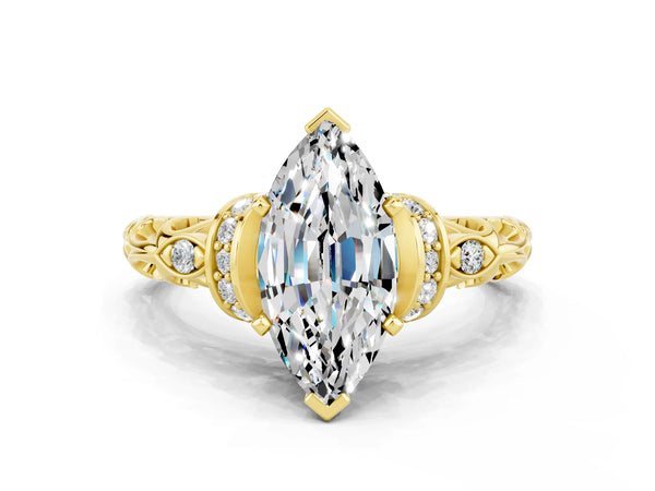 Yellow gold Marquise Cut Moissanite Solitaire Ring with Filigree Band and Four-Prong Setting