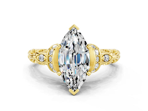 Yellow gold Marquise Cut Moissanite Solitaire Ring with Filigree Band and Four-Prong Setting_24