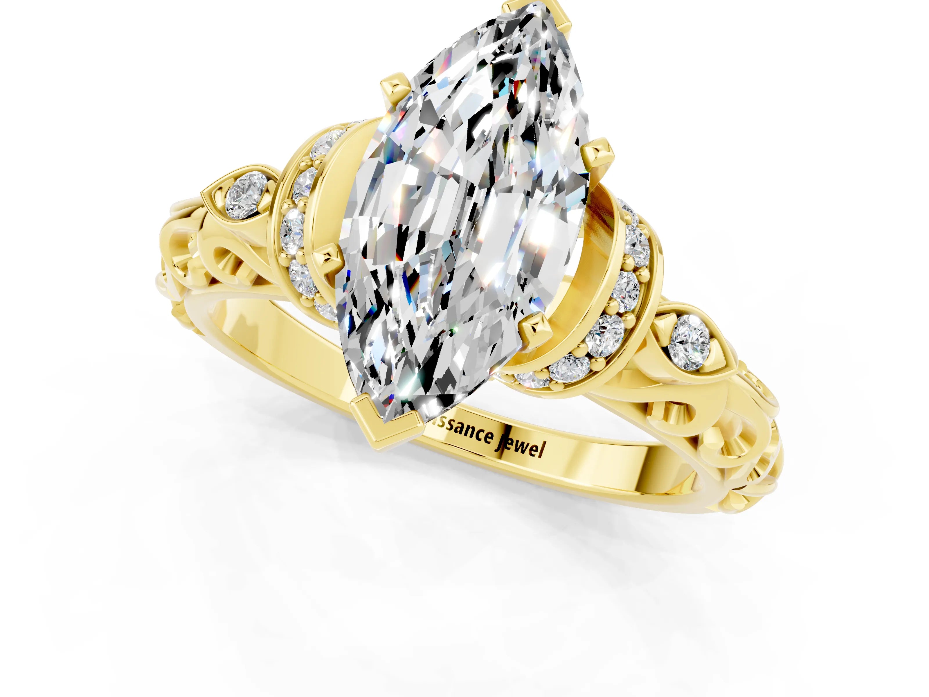 Yellow gold Marquise Cut Moissanite Solitaire Ring with Filigree Band and Four-Prong Setting_25