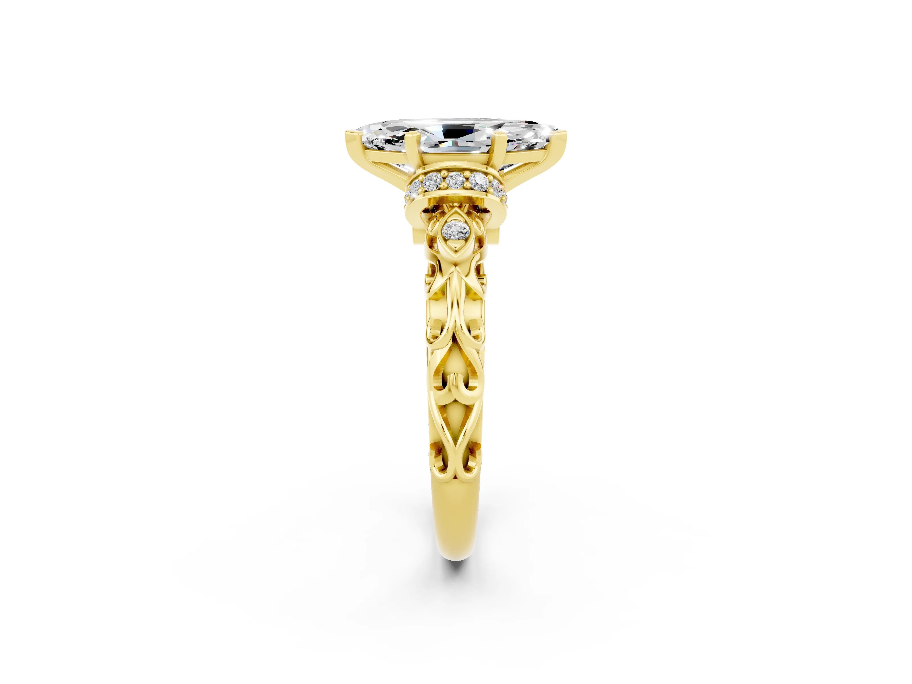 Yellow gold Marquise Cut Moissanite Solitaire Ring with Filigree Band and Four-Prong Setting_26