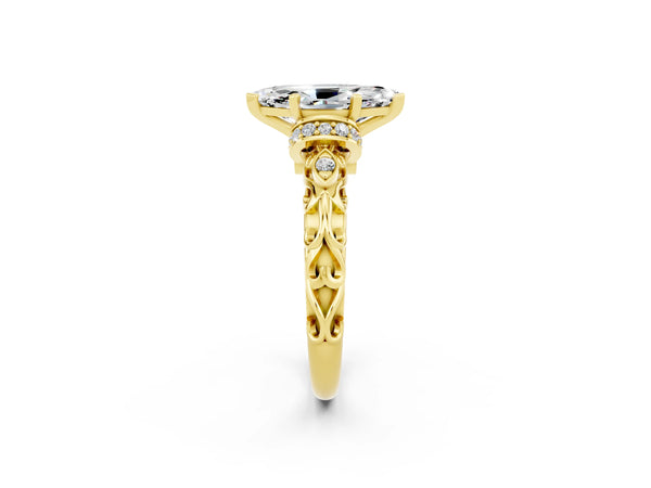 Yellow gold Marquise Cut Moissanite Solitaire Ring with Filigree Band and Four-Prong Setting
