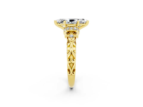 Yellow gold Marquise Cut Moissanite Solitaire Ring with Filigree Band and Four-Prong Setting_26