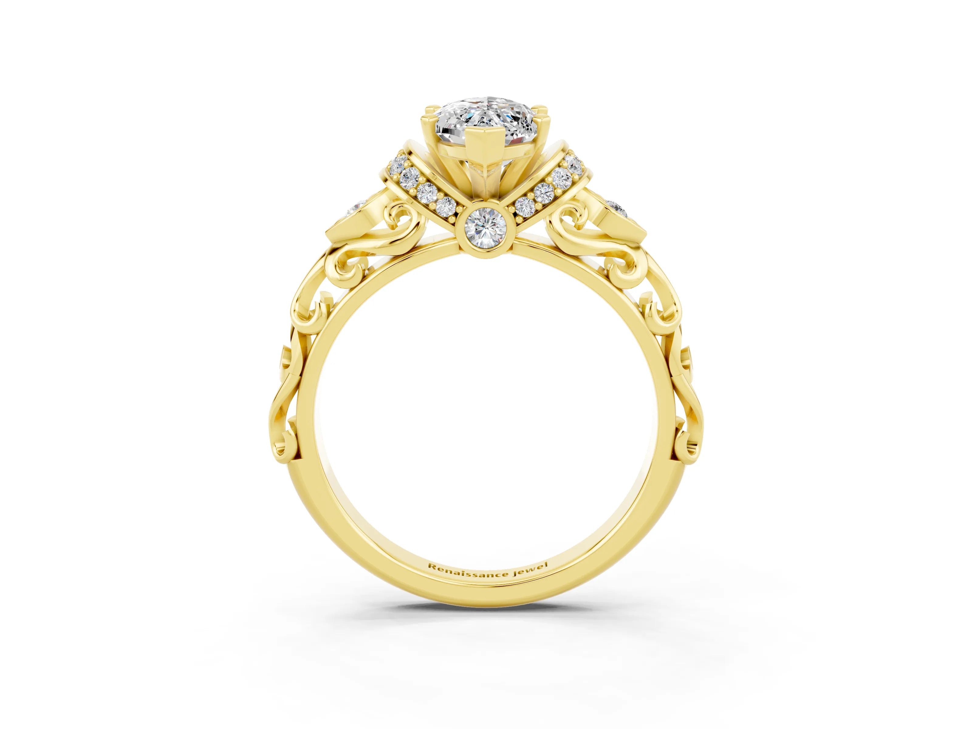 Yellow gold Marquise Cut Moissanite Solitaire Ring with Filigree Band and Four-Prong Setting_27