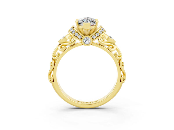 Yellow gold Marquise Cut Moissanite Solitaire Ring with Filigree Band and Four-Prong Setting