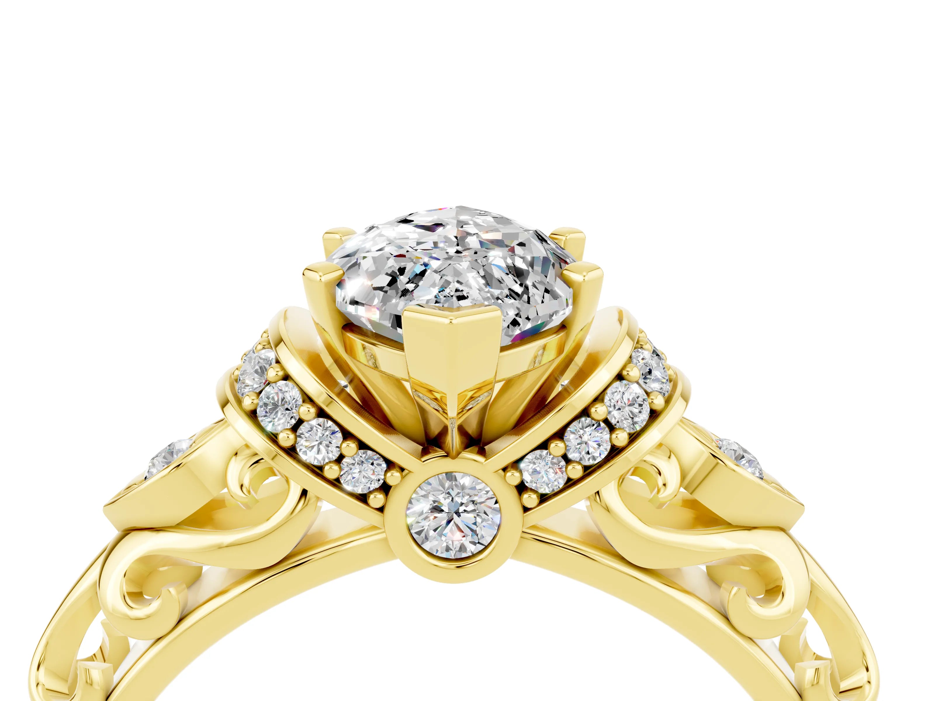 Yellow gold Marquise Cut Moissanite Solitaire Ring with Filigree Band and Four-Prong Setting_28