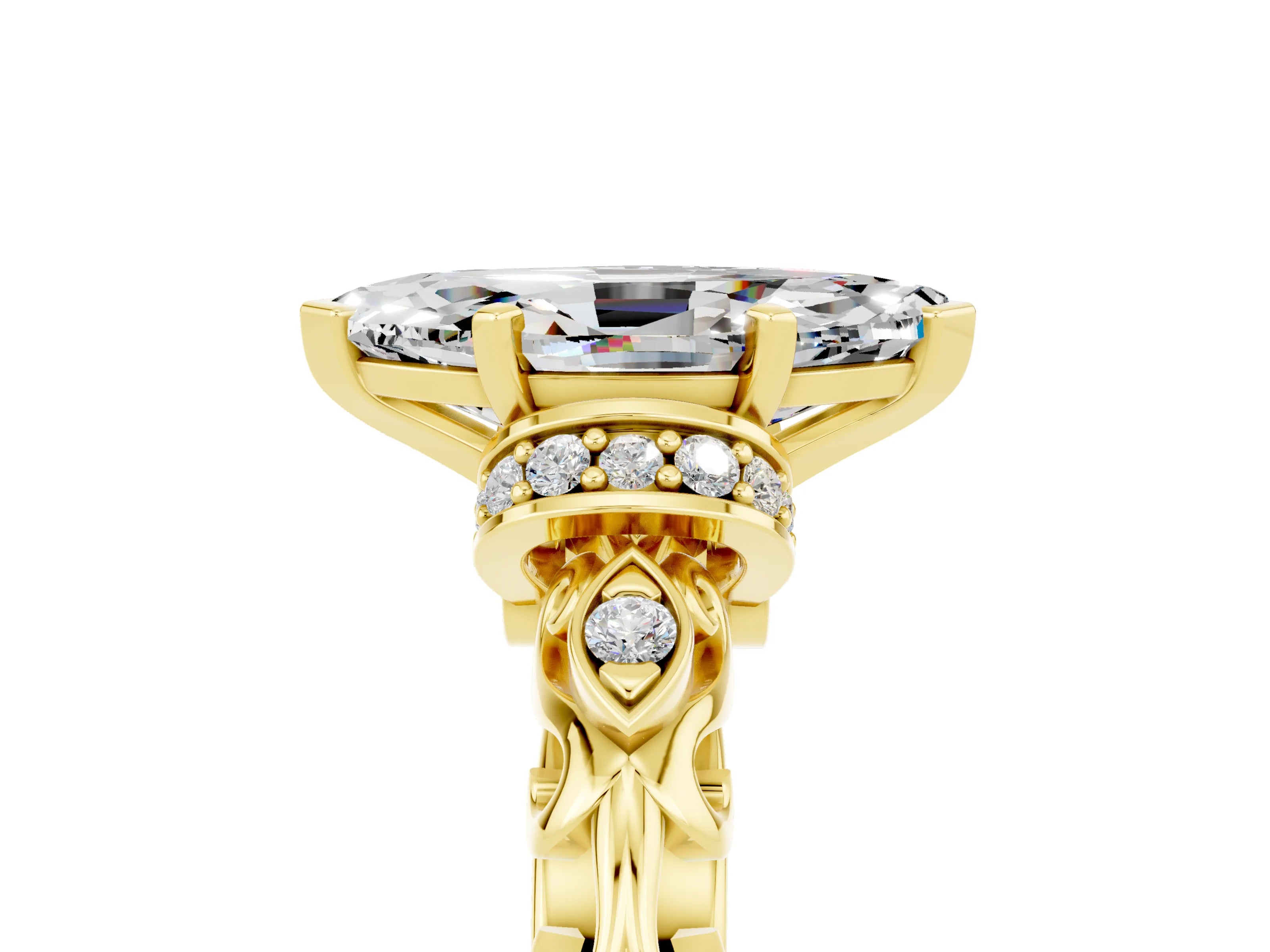 Yellow gold Marquise Cut Moissanite Solitaire Ring with Filigree Band and Four-Prong Setting_29