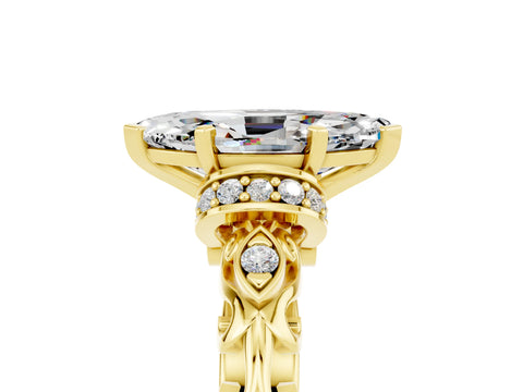 Yellow gold Marquise Cut Moissanite Solitaire Ring with Filigree Band and Four-Prong Setting_29