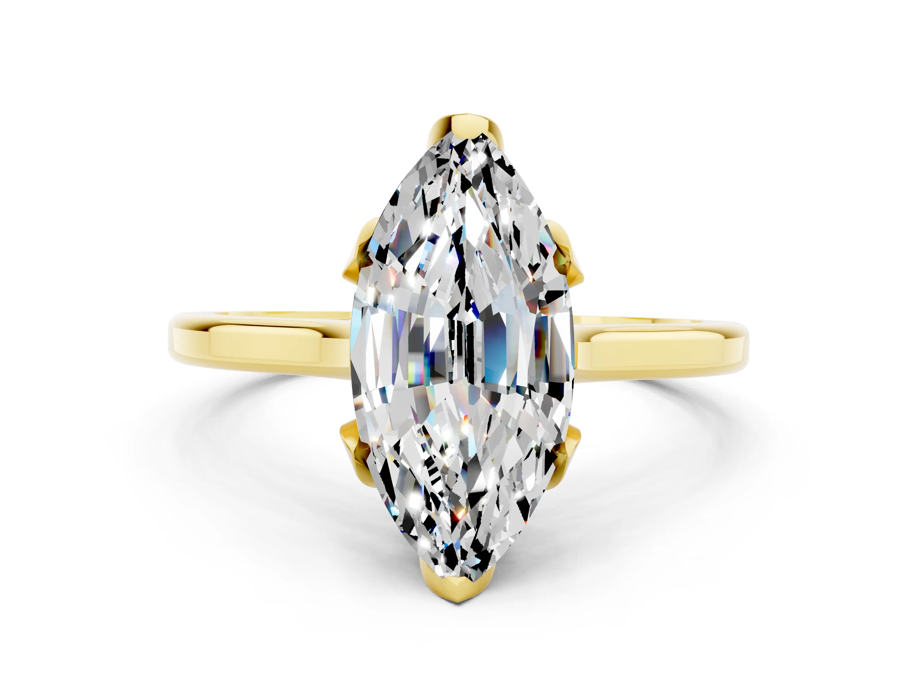 Yellow gold Marquise Cut Moissanite Solitaire Ring with Flower Prong Setting and Classic Band_12
