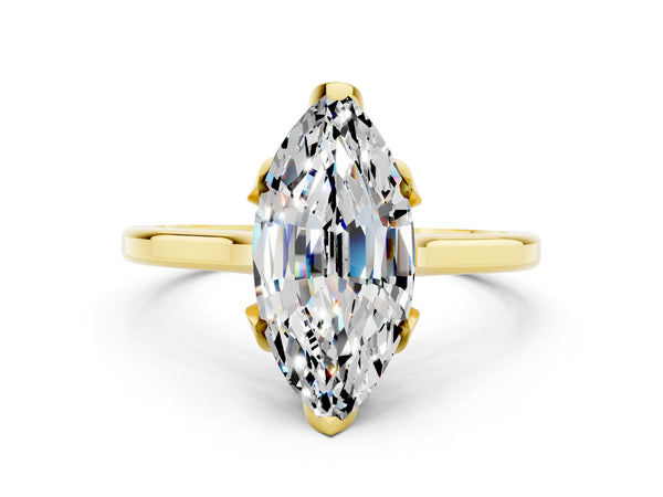 Yellow gold Marquise Cut Moissanite Solitaire Ring with Flower Prong Setting and Classic Band