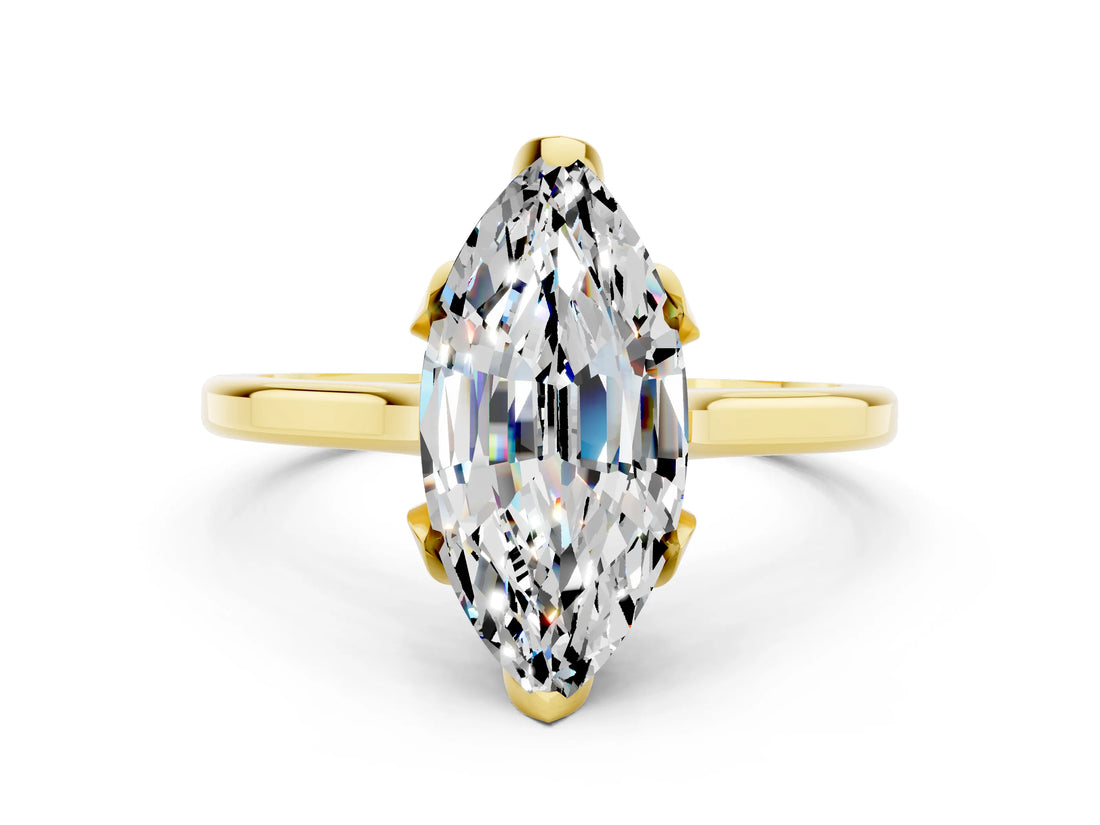 Yellow gold Marquise Cut Moissanite Solitaire Ring with Flower Prong Setting and Classic Band_12