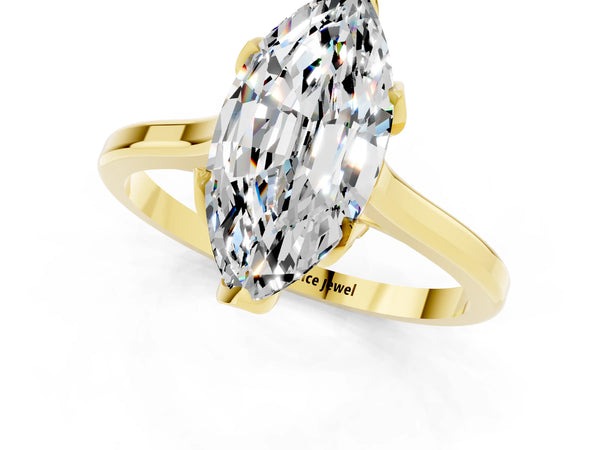 Yellow gold Marquise Cut Moissanite Solitaire Ring with Flower Prong Setting and Classic Band