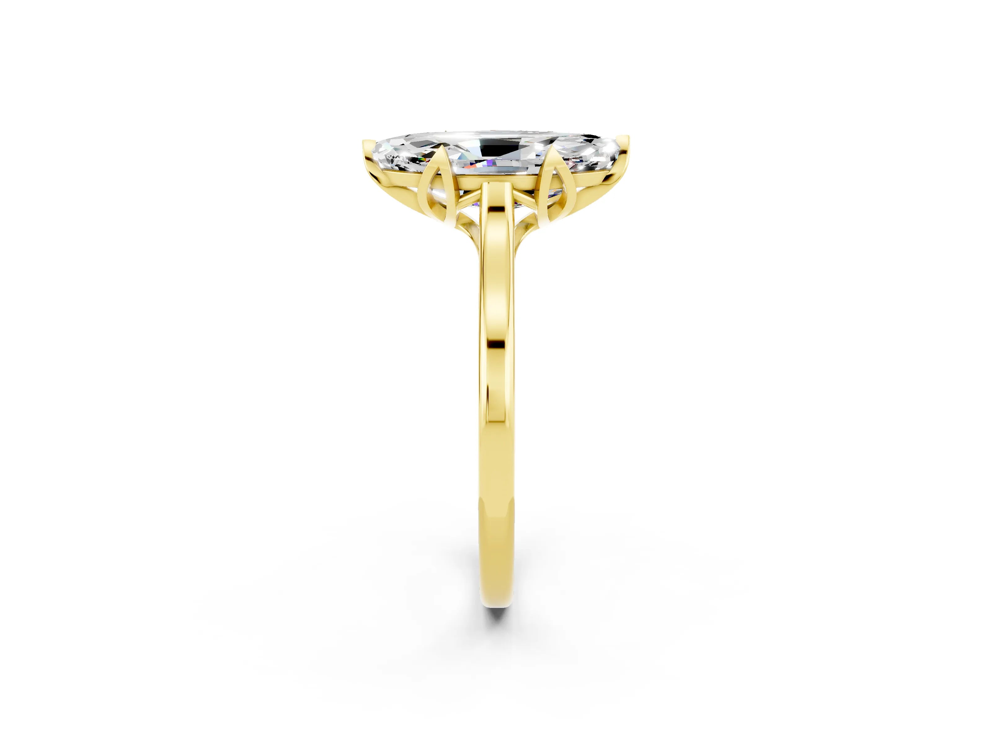 Yellow gold Marquise Cut Moissanite Solitaire Ring with Flower Prong Setting and Classic Band_14