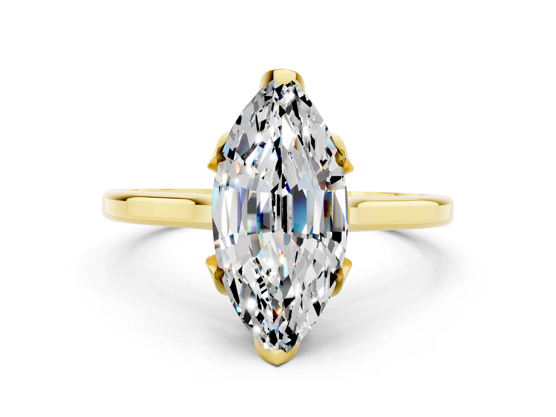 Yellow gold Marquise Cut Moissanite Solitaire Ring with Flower Prong Setting and Classic Band_36