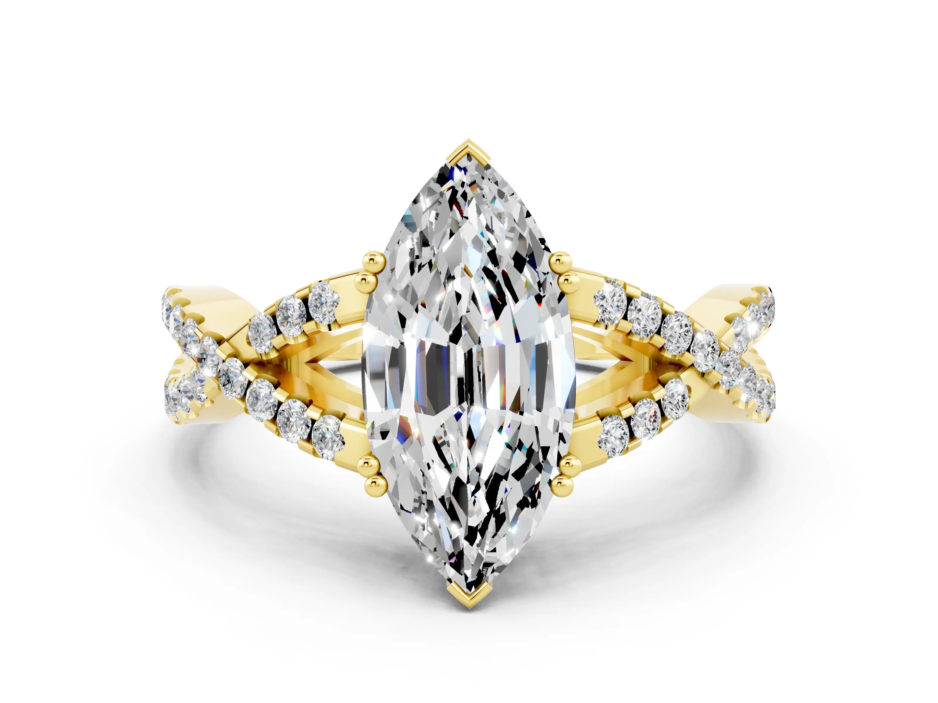 Yellow gold Marquise Cut Moissanite Solitaire Ring with Four-Prong Setting and Twisted Pavé Band