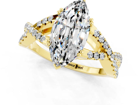 Yellow gold Marquise Cut Moissanite Solitaire Ring with Four-Prong Setting and Twisted Pavé Band_1