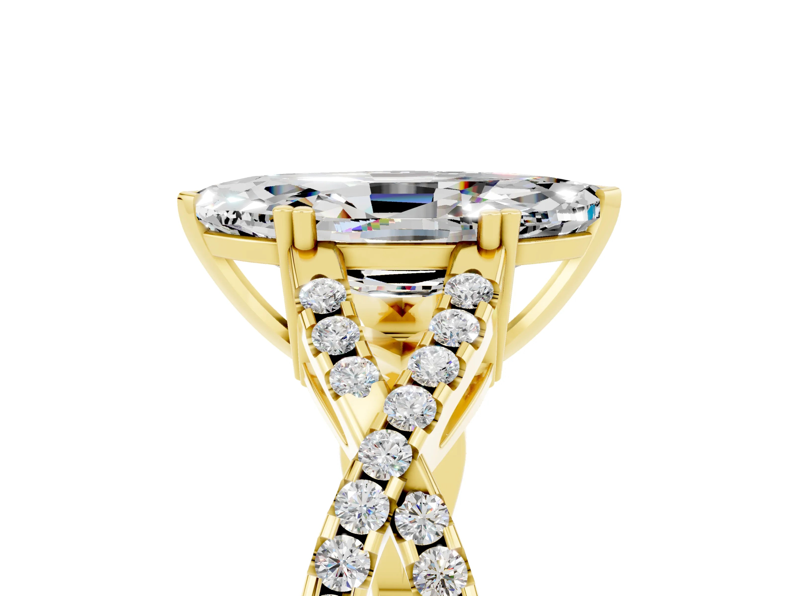 Yellow gold Marquise Cut Moissanite Solitaire Ring with Four-Prong Setting and Twisted Pavé Band_5