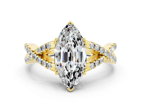 Yellow gold Marquise Cut Moissanite Solitaire Ring with Four-Prong Setting and Twisted Pavé Band