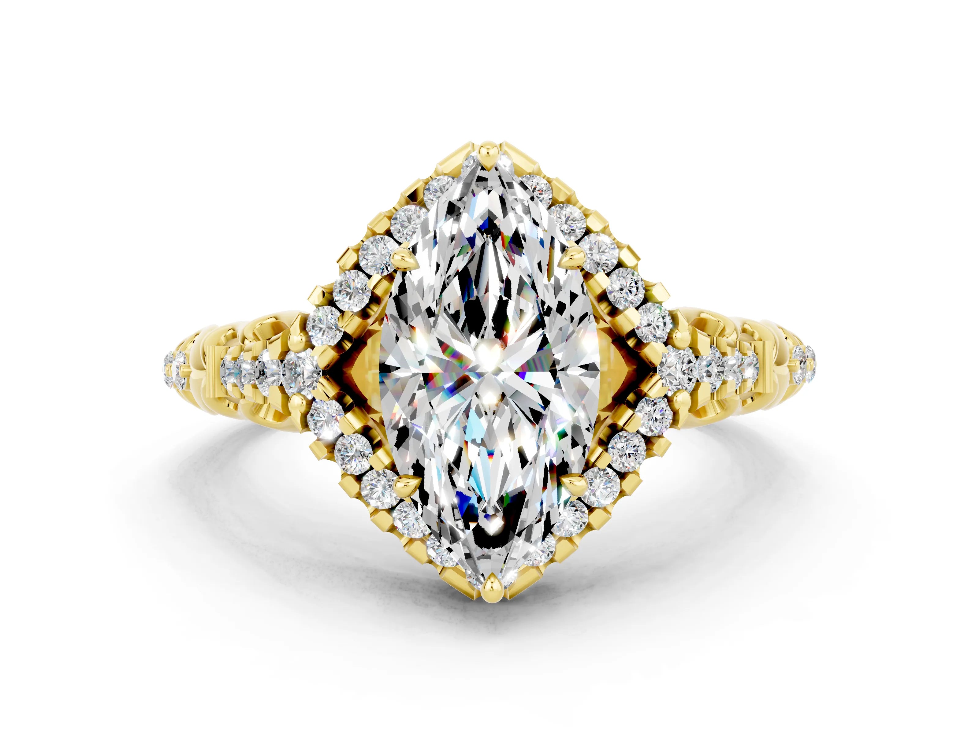 Yellow gold Marquise Cut Moissanite Solitaire Ring with Hidden Halo and Pavé Band_12